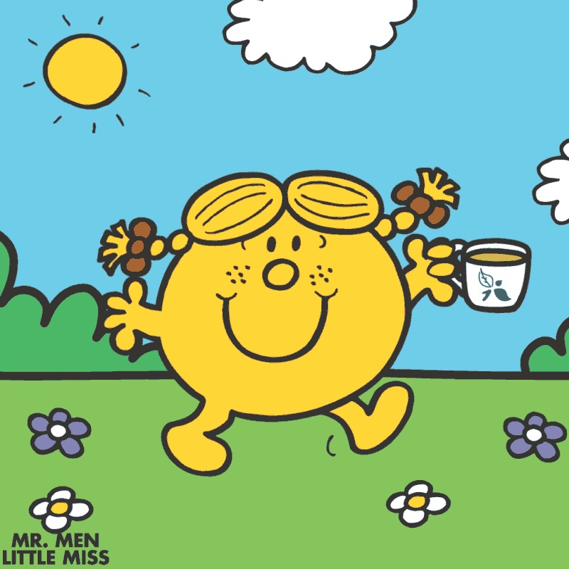 A large rectangular bright yellow cardboard box that has Bird & Blend Tea Company Little Miss Sunshine Gift Cube written in bold black writing and a picture of a bright yellow little miss sunshine that has a smiling face and some flowers in her hair on it next to a short cylindrical clear glass mug full of some dark yellow liquid, on a white background.
