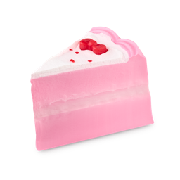 A large pastel pink triangular slice of cake shaped block of soap that has some bright white Murumuru Butter Frosting all over it and a bright red bow on top of it, on a white background.