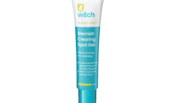 A short and thin conical bright white plastic tube with a bright teal plastic lid that has Witch Clearing Blemish Spot Gel written in bright teal writing, a picture of a bright teal stripe, and a picture of a dark green leaf on it, on a white background.