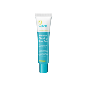 A short and thin conical bright white plastic tube with a bright teal plastic lid that has Witch Clearing Blemish Spot Gel written in bright teal writing, a picture of a bright teal stripe, and a picture of a dark green leaf on it, on a white background.