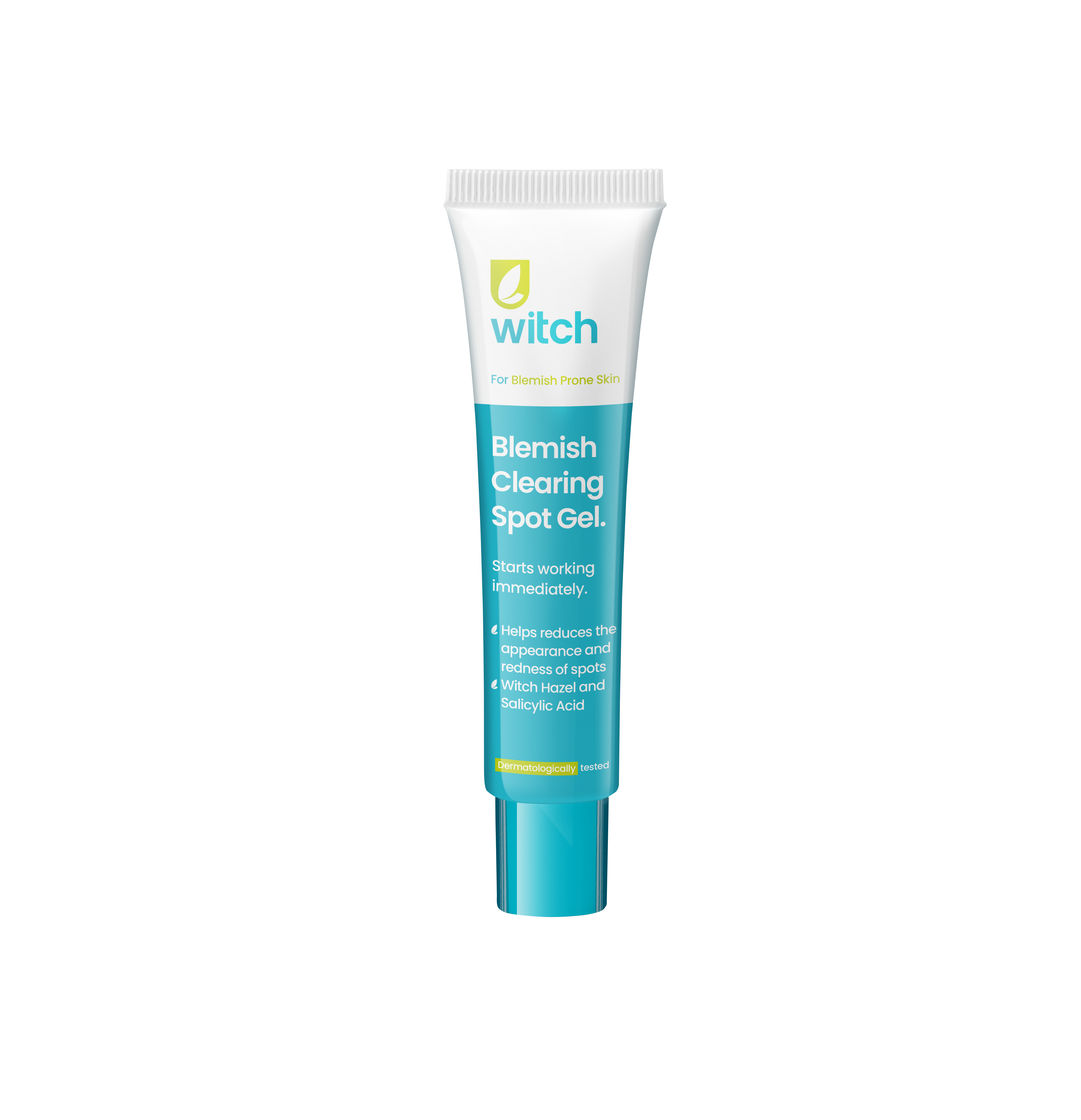 A Witch Can Clear Anything Up With The Right Spell | Witch Clearing Blemish Spot Gel | Gifted A short and thin conical bright white plastic tube with a bright teal plastic lid that has Witch Clearing Blemish Spot Gel written in bright teal writing, a picture of a bright teal stripe, and a picture of a dark green leaf on it, on a white background.