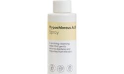 A tall cylindrical bright white plastic bottle with a bright white plastic lid and a gradient bright yellow label that has Home Bargains Hypochlorous Acid Spray written in bold black writing on it, on a white background.