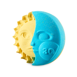 a medium gradient bright blue and yellow disc shaped bath bomb that has half of a Sun’s face with some rays coming out of the side of it and half of a moon’s face that has 30 written on it’s cheek engraved on it, on a white background.