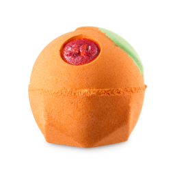 His Got The Whole World In His Hands | Lush World Bath Bomb Day 2025 Range A medium bright orange rounded hexagonal shaped bath bomb that has a dark green leaf and the number 30 written in bright red lustre engraved on it, on a white background.