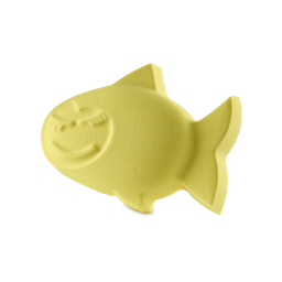 I'm A Little Yellow Fish In The Deep Blue Sea, Won't Somebody Help Me? | Lush Father's Day 2025 Range A small bright yellow fish shaped bath bomb that has a wide smile and some closed eyes with some eyelashes engraved on it, on a white background.