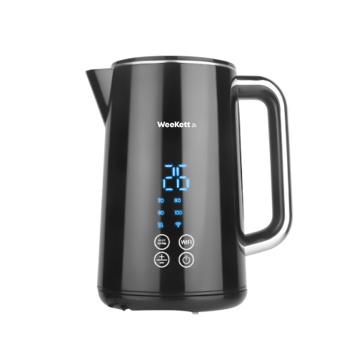 A tall cylindrical black plastic Kettle with a Black Plastic Handle that has WeeKett written in bold black writing on it on top of a large circular metallic silver base that has six silver buttons and some bright blue lights on it, on a white background.