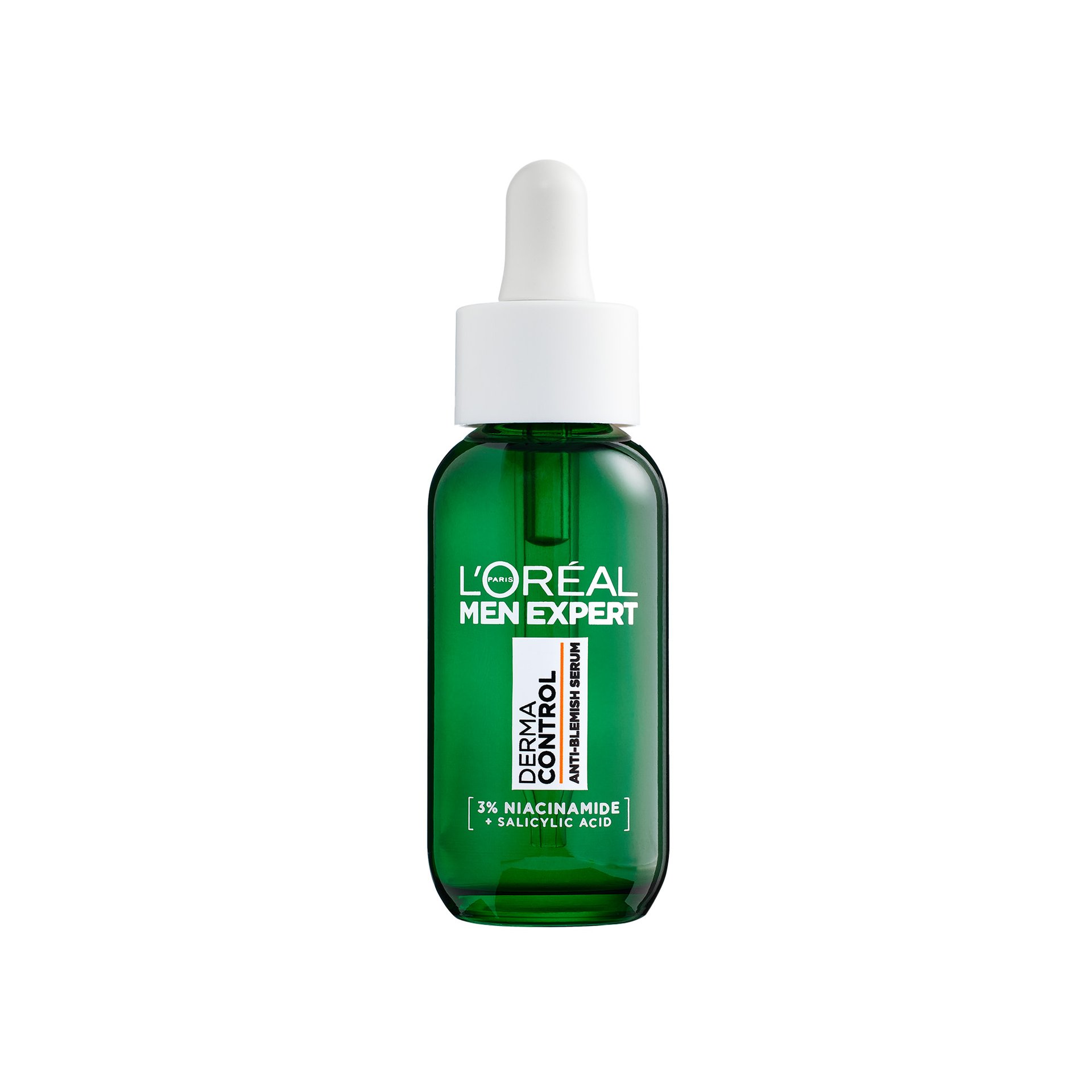 A short cylindrical dark green glass bottle with a bright white rubber pipette lid and a dark green label that has L’Oreal Paris Men Expert Derma Control Anti-Blemish Serum written in bright white writing on it, on a white background.