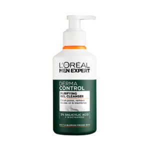 A tall cylindrical bright white plastic bottle with a bright white plastic pump lid and a dark green label that has L’Oreal Paris Men Expert Derma Control Cleansing Gel written in bold black writing on it, on a white background.