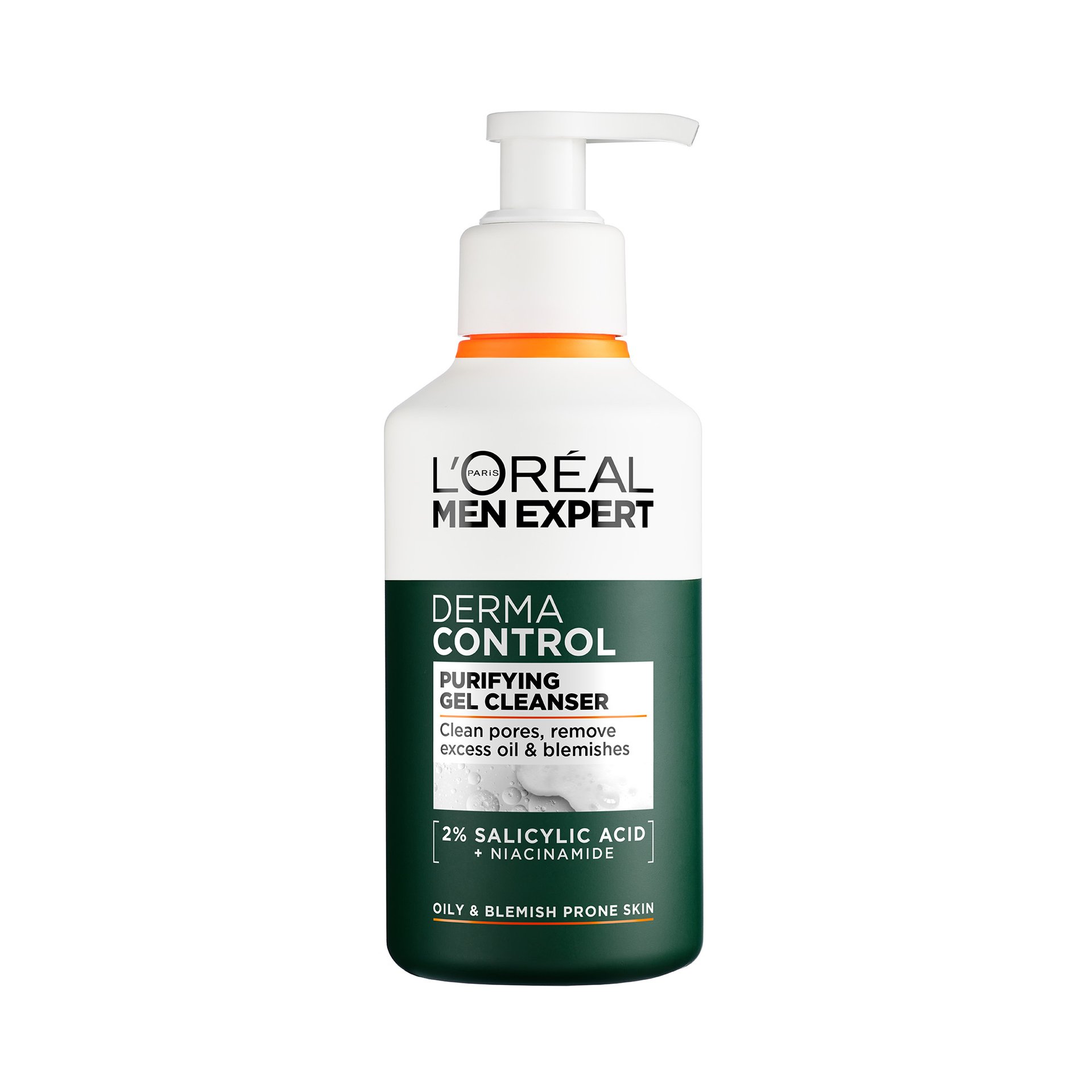 A tall cylindrical bright white plastic bottle with a bright white plastic pump lid and a dark green label that has L’Oreal Paris Men Expert Derma Control Cleansing Gel written in bold black writing on it, on a white background.