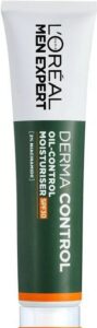 A tall and thin cylindrical gradient dark green and bright white plastic tube with a dark green label that has L’Oreal Paris Men Expert Derma Control Moisturiser with SPF30 written in bright white writing on it, on a white background.