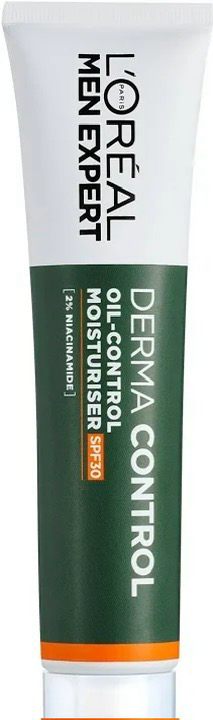 A tall and thin cylindrical gradient dark green and bright white plastic tube with a dark green label that has L’Oreal Paris Men Expert Derma Control Moisturiser with SPF30 written in bright white writing on it, on a white background.