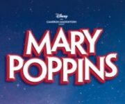 A large rectangular gradient dark blue and purple poster that has Mary Poppins written in bold bright white writing with a red outline around it, Disney written in cursive bright white writing, Cameron Macintosh written in bold bright white capital letters, and some pictures of some stars on it.
