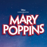 A large rectangular gradient dark blue and purple poster that has Mary Poppins written in bold bright white writing with a red outline around it, Disney written in cursive bright white writing, Cameron Macintosh written in bold bright white capital letters, and some pictures of some stars on it.