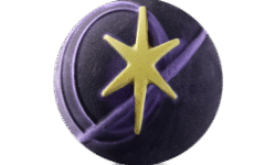 A medium dark purple rounded hexagonal shaped bath bomb that has a raised bright gold six-pointed star and a swirling purple band wrapped around the star engraved on it, on a white background.