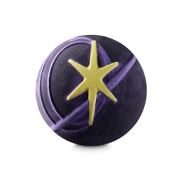 A medium dark purple rounded hexagonal shaped bath bomb that has a raised bright gold six-pointed star and a swirling purple band wrapped around the star engraved on it, on a white background.