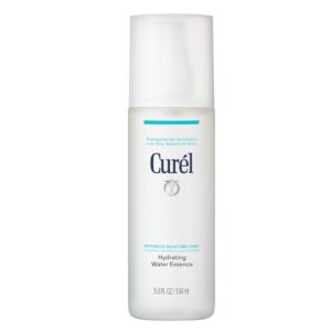 A tall flattened cylindrical frosted white plastic Bottle with a frosted white plastic Lid that has Curél Hydrating Water Essence written in bold dark blue writing on it, on a white background.
