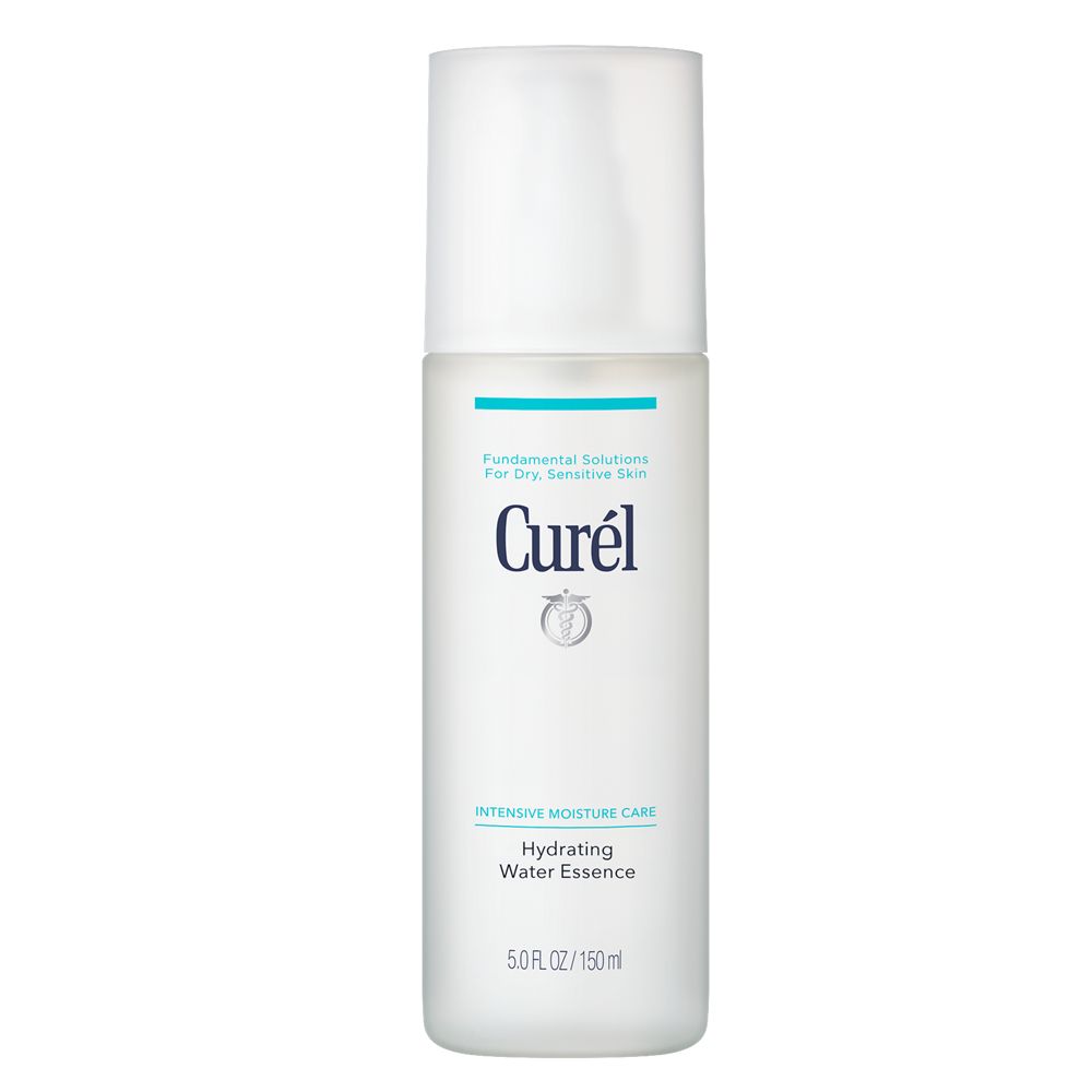 A tall flattened cylindrical frosted white plastic Bottle with a frosted white plastic Lid that has Curél Hydrating Water Essence written in bold dark blue writing on it, on a white background.