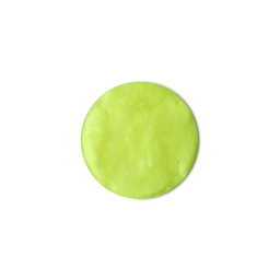 A medium circular puddle of some thick bright neon green shower slime, on a white background.