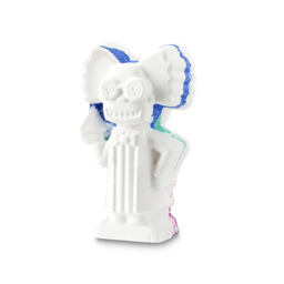 A large bright white mad scientist shaped bath bomb that has a bright white Lab Coat, a bright white bow, some bright white round glasses and some bright white static hair engraved on it and some bright blue and pink stripes around it’s edge on it, on a white background.