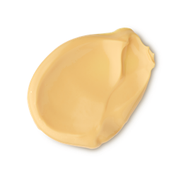 A medium circular puddle of some creamy pale golden yellow Body Conditioner that has some pieces of golden yellow lustre running through it, on a white background.