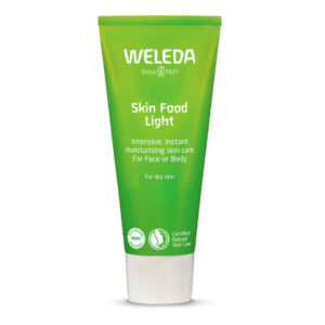 A tall conical metallic green tube with a bright white plastic lid that has Weleda Skin Food Light written in bright white writing on it, on a white background.