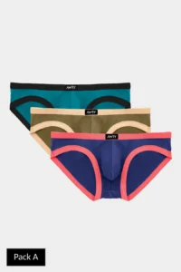 A pair of folded up bright turquoise briefs that has some Black trim all over them next to a pair of folded up dark olive green briefs that has some beige trim all over them, and a pair of folded up dark navy blue briefs that has some salmon pink trim all over them that all have a small rectangular black label that has Awry written in bright writing on them, on a white background. 