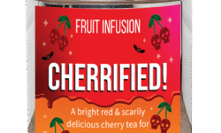 A tall cylindrical gradient bright orange and red metal tin with a bright silver lid and a gradient bright orange and red label that has Cherrified Fruit Infusion written in bright white writing and some pictures of some cartooned bright red cherries with some bright green stems on it, on a white background.