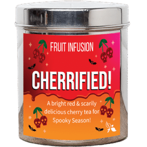 A tall cylindrical gradient bright orange and red metal tin with a bright silver lid and a gradient bright orange and red label that has Cherrified Fruit Infusion written in bright white writing and some pictures of some cartooned bright red cherries with some bright green stems on it, on a white background.