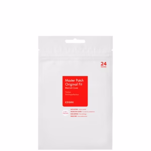 A tall rectangular bright white plastic pouch with a bright red label that has COSRX Acne Master Pimple Patch written in bright white writing on it, on a white background.