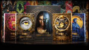 A large rectangular bright gold cardboard box that has Know Thyself written in bold black writing and a picture of a Woman’s Face half unmasked on it next to a medium rectangular bright gold cardboard box that has Zodiac Kit written in bold black writing and a picture of a gradient bright pink and gold Lion’s Face on it, a medium rectangular cardboard box that has Enneagram Kit written in bold black writing and a picture of a detailed eye on it, a medium rectangular cardboard box that has Pandora’s Box Kit written in bold black writing and a picture of a Pig’s Head and some bright gold coins on it, and a medium rectangular cardboard box that has Philosopher’s Kit written in bold black writing and a picture of a dark blue Roman Greco Bust on it, on a white background.