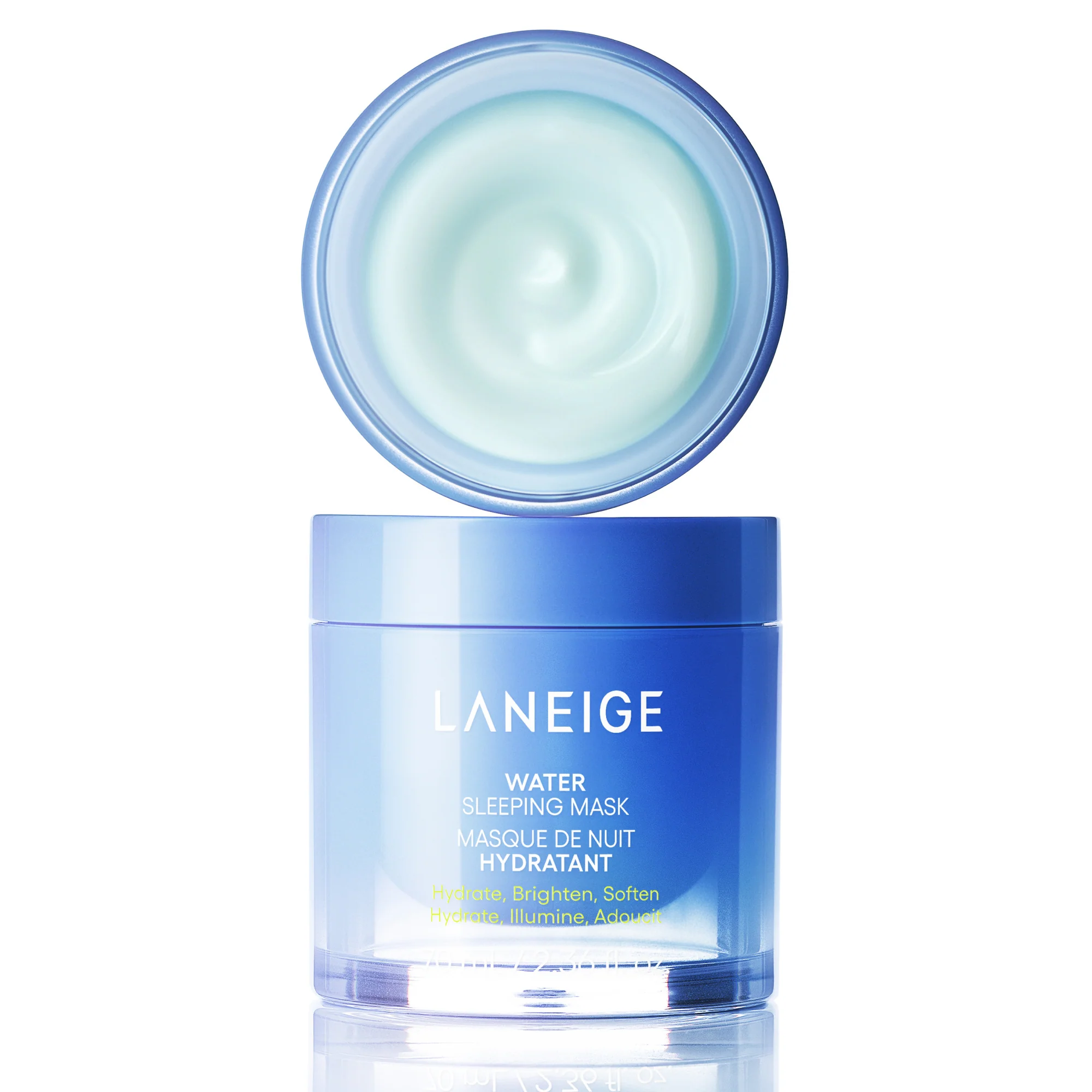 A short cylindrical gradient bright blue and dark blue plastic tub full of some creamy bright blue liquid with a bright blue plastic lid that has Laneige Water Sleeping Mask written in bright white writing on it, on a white background.