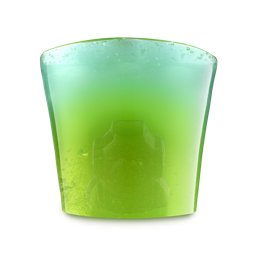 A tall cylindrical translucent gradient green and teal block of shower jelly that has a small dark green Scuba Diving Helmet shaped block of shower gummy suspended in the centre of it, on a white background.
