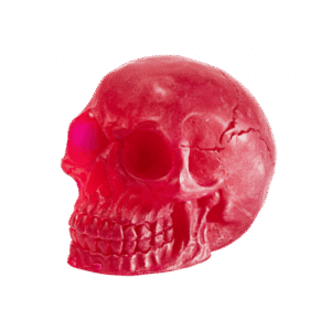 A large dark red skull shaped block of soap that has some Eye Sockets, some Teeth, and some Cranial Cracks engraved on it, on a white background.
