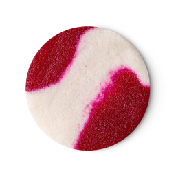 I Don't Think You're Ready For This Jelly | Lush Hanukkah 2025 Range A medium circular puddle of some gradient bright magenta red and creamy white body scrub that has some pieces of Castor Sugar running through it, on a light grey background.