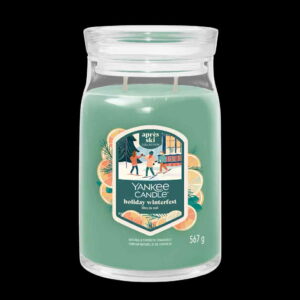 A tall cylindrical glass Jar full of some Pale Green Wax with a Label that has Yankee Candle written in bright white writing, Holiday Winter Fest written in bright white writing, and a picture of some people iceskating surrounded by some large dark green Pine Trees on it, on a white background.
