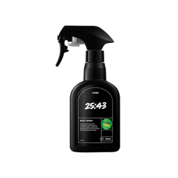 You Can Find Me In The Club | Lush X Lush Club Fragrance 2025 Range A tall black plastic kitchen spray bottle with a black plastic spray trigger nozzle that has Lush 25:43 Body Spray written in bright white writing and a circular bright green sticker that has Lush Club written in bright white writing on it, on a bright white background.