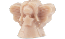 A medium opaque pale peach Christmas Angel shaped block of facial Gummy that has a long dress, some long flowing hair, some wings and a star engraved on it, on a white background.