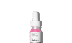 A short cylindrical dark brown glass bottle full of some translucent bright pink liquid with a bright white rubber pipette lid and a bright white label that has The Ordinary PHA 5% Exfoliating Lip Serum written in bold black writing on it, on a white background.