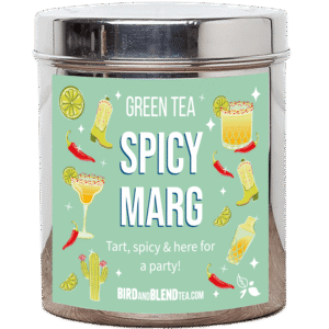 A tall cylindrical bright silver metal tin with a bright silver lid and a bright Mint Green label that has Spicy Margarita loose Leaf Tea written in bright white writing and some pictures of some slices of Lime, some bright red Chilli Peppers, a Margarita Glass, a Tumbler Glass with a Salt Rim, some Cowboy Boots, a Cactus, and a Cocktail Shaker on it, on a white background.