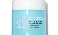 A short cylindrical bright blue plastic Tub with a bright white plastic lid that has E.L.F Holy Hydration! Makeup Melting Cleansing Balm written in bright white writing on it, on a white background.