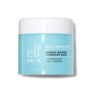 A short cylindrical bright blue plastic Tub with a bright white plastic lid that has E.L.F Holy Hydration! Makeup Melting Cleansing Balm written in bright white writing on it, on a white background.