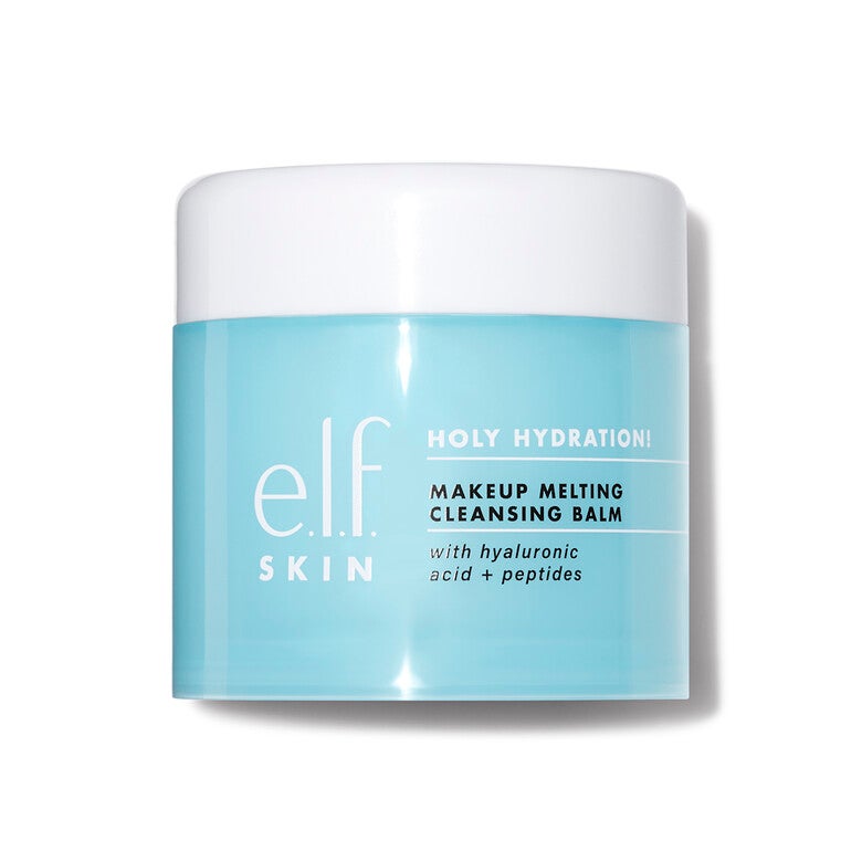 A short cylindrical bright blue plastic Tub with a bright white plastic lid that has E.L.F Holy Hydration! Makeup Melting Cleansing Balm written in bright white writing on it, on a white background.