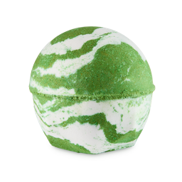 A medium gradient bright green and white rounded hexagonal shaped bath bomb that has a swirl pattern all over it, on a white background.