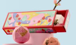 A small bright pink flat hexagonal shaped bath bomb next to a small pale pink flat hexagonal shaped bath bomb, and a A small bright white flat hexagonal shaped bath bomb that has some pieces of dried bright pink and red petals embedded in it inside a long and thin bright red cardboard tray with a bright turquoise sleeve that has a bright yellow boarder and some pictures of a light blue bird, some bright red tulips, some bright green leaves, and some stylised bright pink shapes on it, on a white background.