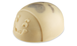 A medium creamy white oval Ladybird shaped block of solid Body Scrub that has some dark brown stripes on it’s back and a large smiling face engraved on it, on a white background.