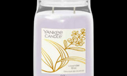 A tall cylindrical glass Jar full of some pale lavender Wax with a bright white label that has Yankee Candle written in bold black writing, Lavender Bliss written in bold black writing, and a picture of some stylised bright gold lavender flowers and leaves on it, on a white background.