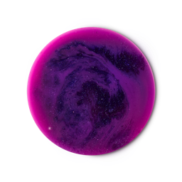 A medium circular swatch of some thick, glossy swirled bright magenta and purple shower gel, on a white background.