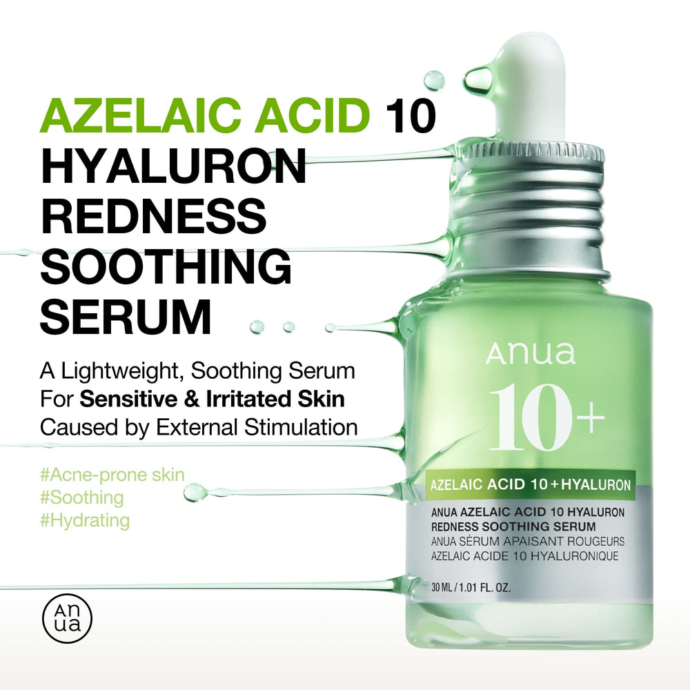 A short cylindrical green glass bottle full of some translucent green liquid with a white rubber pipette lid and a pale green label that has Anua Azelaic Acid 10 Hyaluron Redness Soothing Serum written in bright white writing and a picture of a light green stripe on it, on a white background..