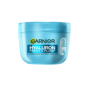 A short cylindrical light blue plastic tub with a light blue plastic lid and a dark teal blue label that has Garnier written in bold black writing, Hyaluron Fresh & Plump Hydrating Sorbet Cream written in bright white writing, and a picture of a water droplet and some bubbles on it, on a white background.