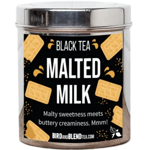A tall cylindrical bright silver metal tin with a bright silver metal lid and a black label that has Malted Milk loose Leaf Tea written in bright white writing and some pictures of some golden brown rectangular malted milk biscuits on it, on a white background.